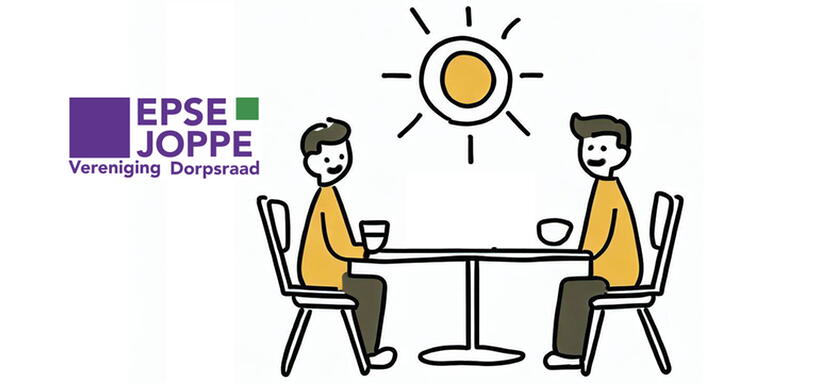 tekening twee mensen met koffie aan tafel met logo Dorpsraad Epse/Joppe